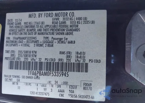 2015 Ford Mustang V6 из США, поврежденный, VIN 1FA6P8AM0F5335945